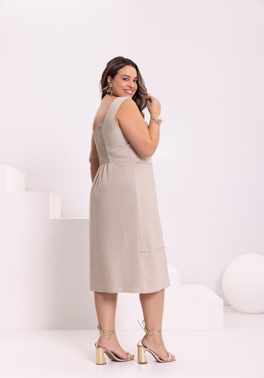 Vestido Midi Chá Com Alças Largas E Decote Em V Tecido Linho, . Vestido Midi Chá Com Alças Largas E Decote Em V Tecido Linho, , large.
