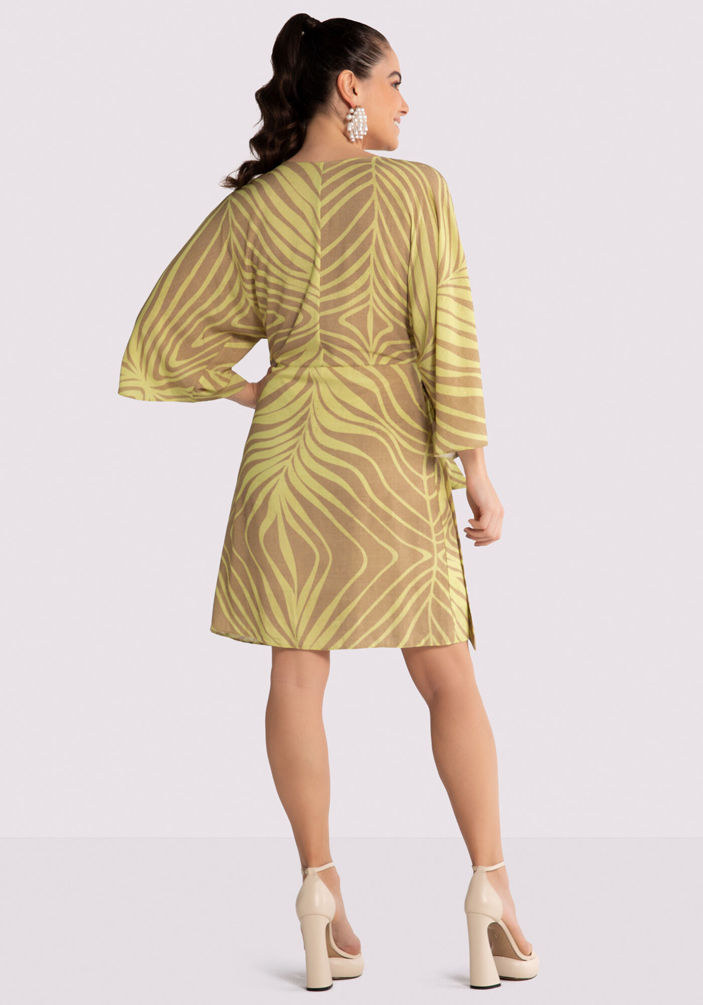 Vestido Curto Estampado em Viscose com Faixa, ECO BEGE, large.