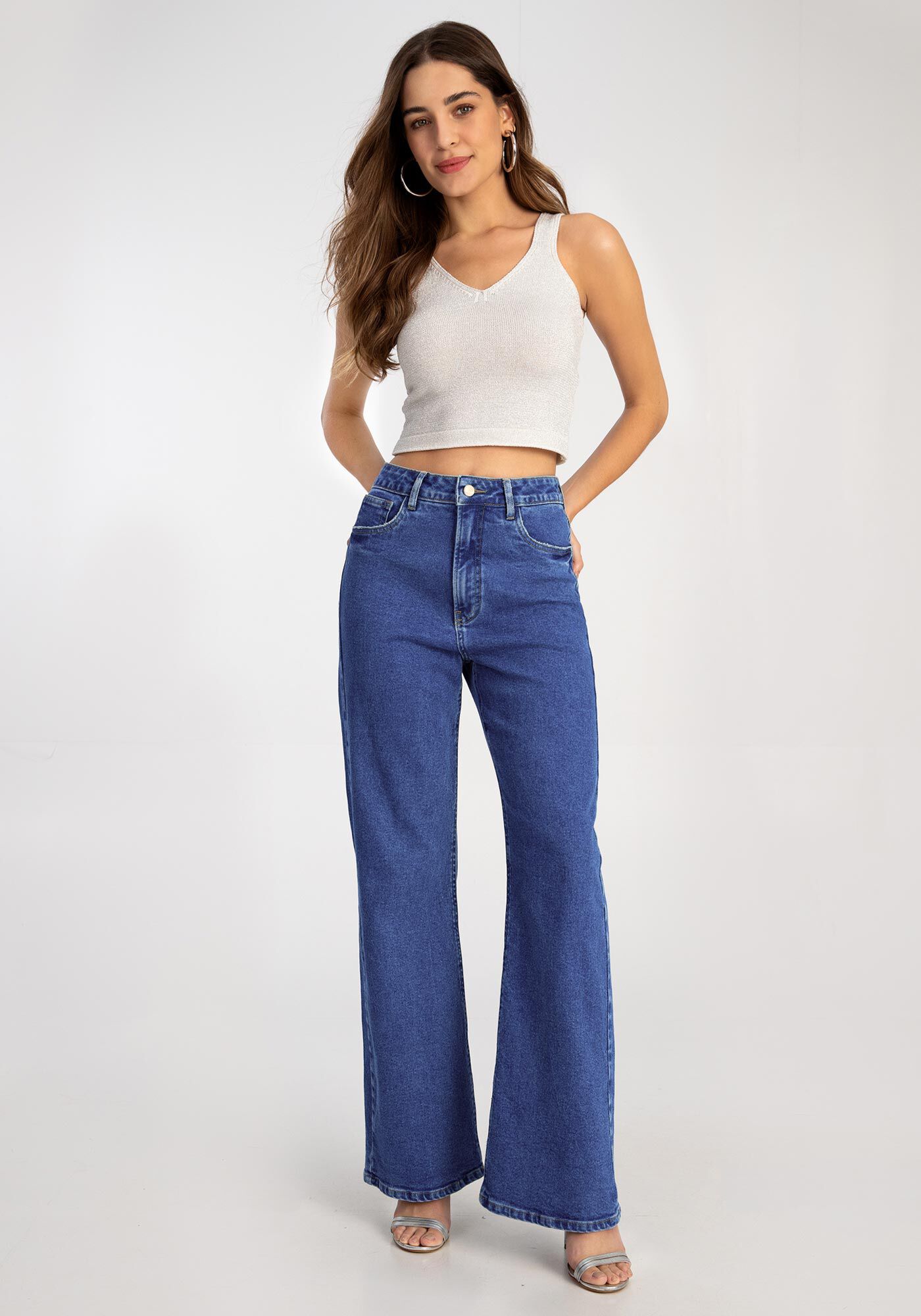 Cal&ccedil;a Jeans Wide Leg Chapa Barriga com Elastano, , large.