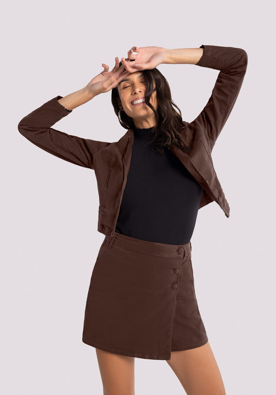 Shorts-Saia Sarja Alfaiataria com Cintura Alta, MARROM CARAMELLO. Shorts-Saia Sarja Alfaiataria com Cintura Alta, MARROM CARAMELLO, large.