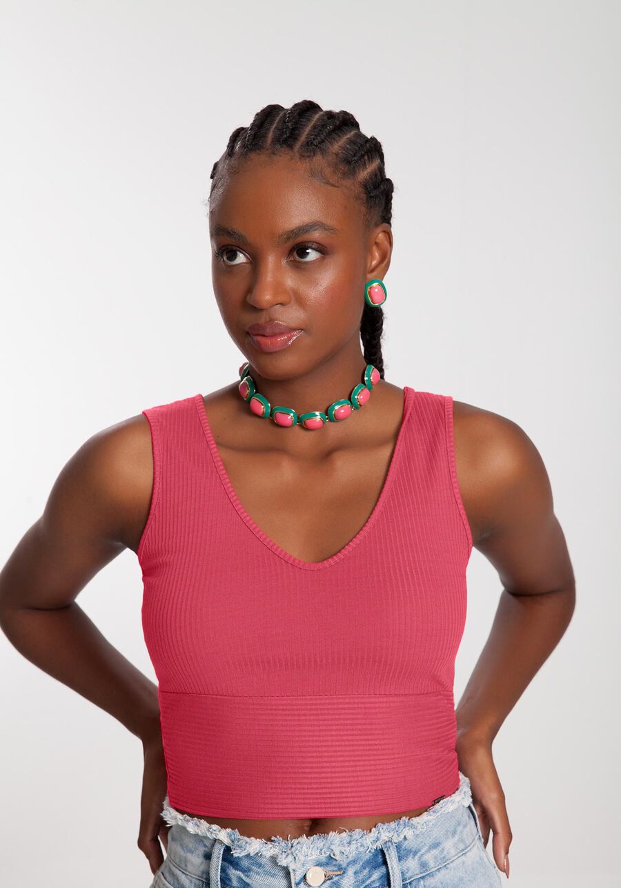 Regata Cropped Canelada com Decote V, ROSA MORENA. Regata Cropped Canelada com Decote V, ROSA MORENA, large.