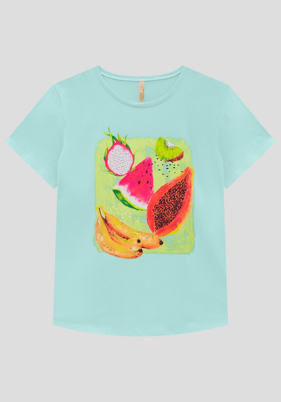 T-shirt Plus Size em Malha com Estampa Frutas, VERDE WINDSURF, large.