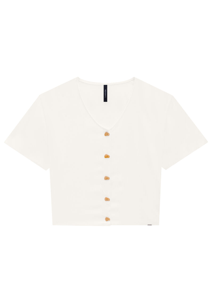 Camisa Manga Curta em Viscose com Decote V, BRANCO OFF WHITE, large.