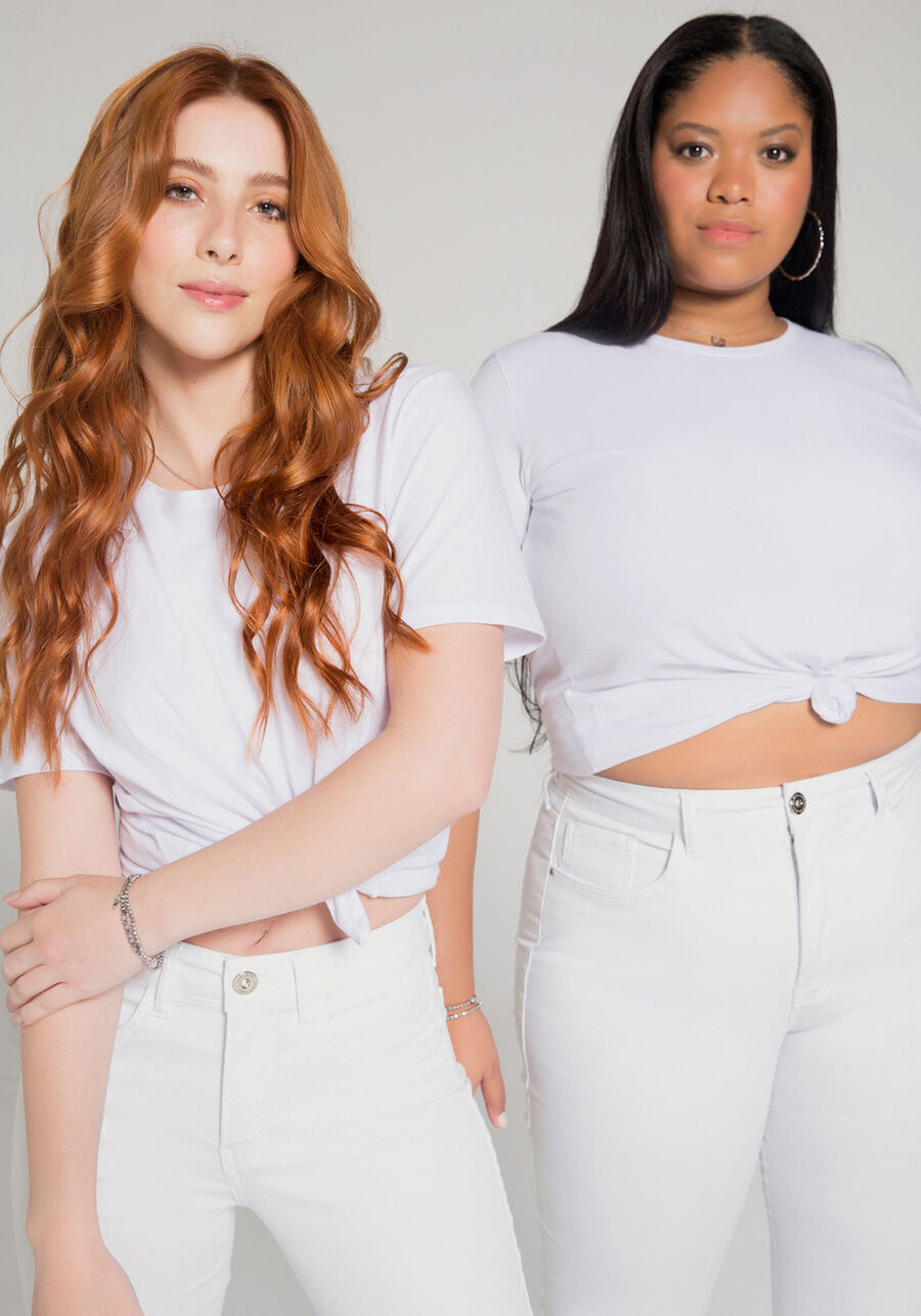Calça Skinny Com Cintura Média Em Sarja Com Elastano, BRANCO. Calça Skinny Com Cintura Média Em Sarja Com Elastano, BRANCO, large.