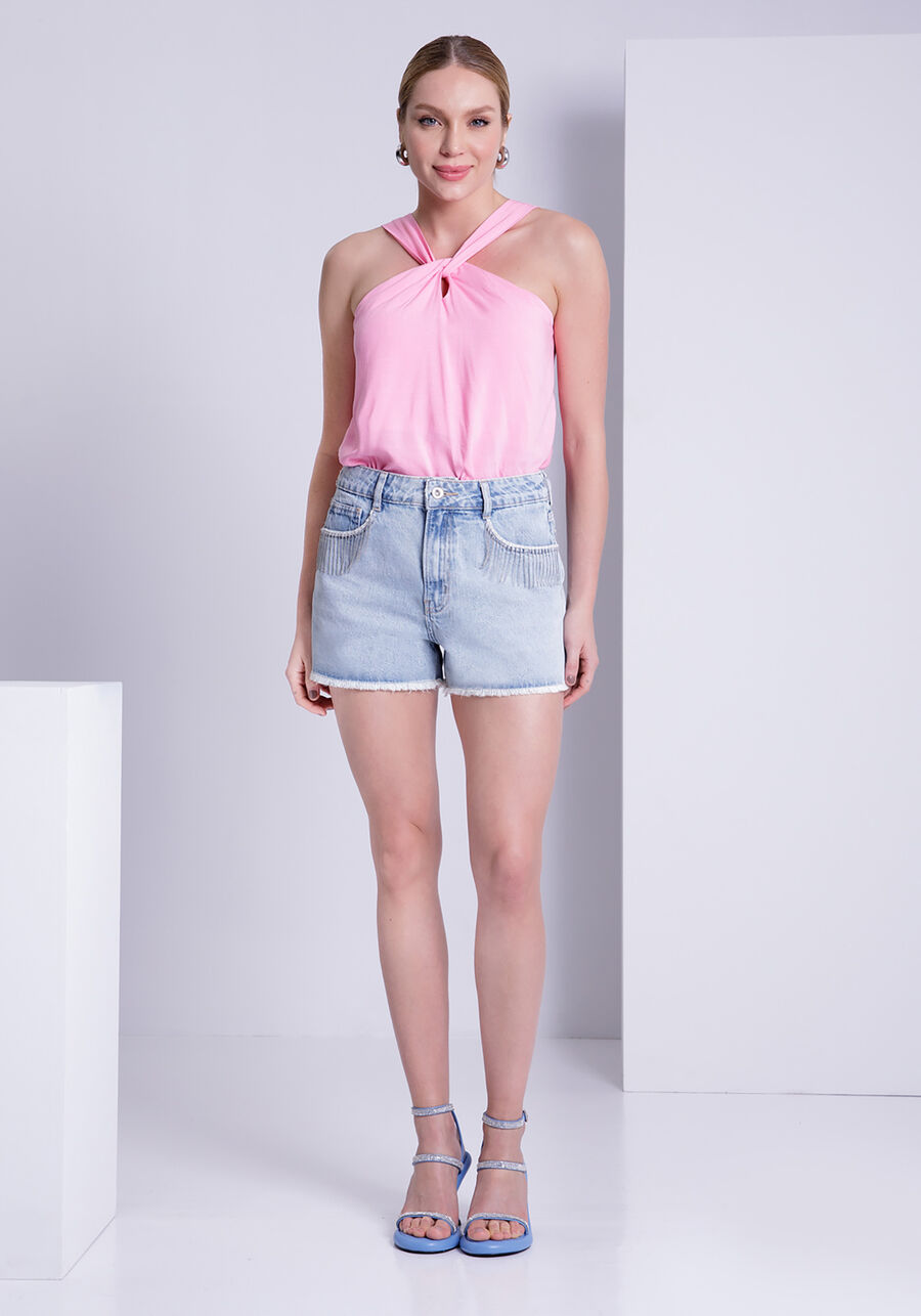 Shorts Jeans Chapa Barriga com Corrente, JEANS. Shorts Jeans Chapa Barriga com Corrente, JEANS, large.