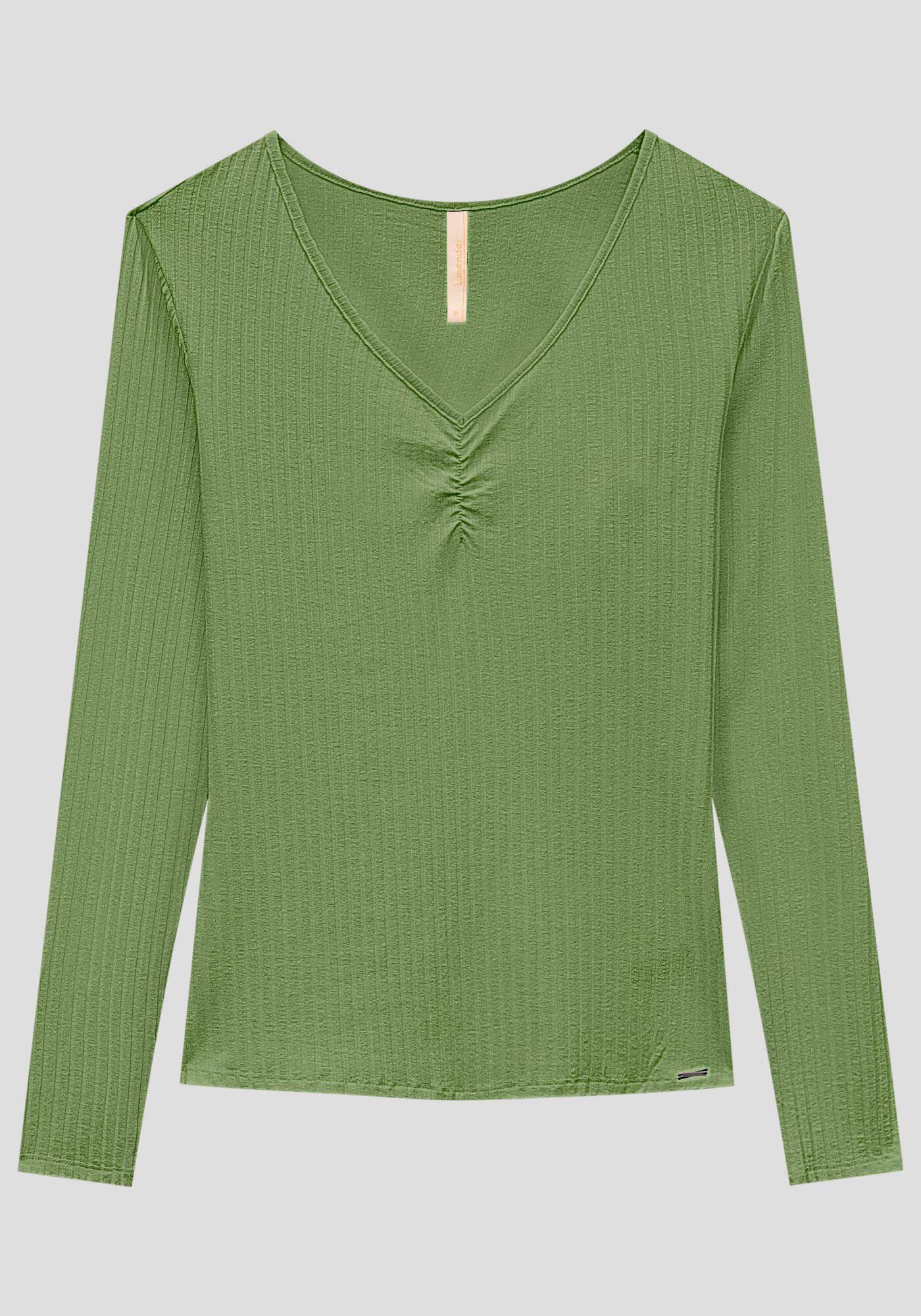 Blusa De Malha Canelada Com Mangas Longas E Decote Em V, , large.