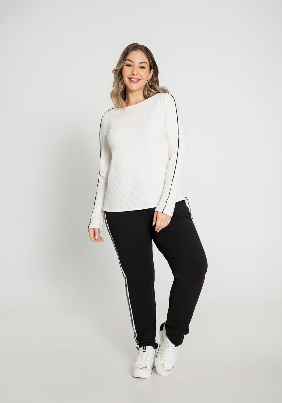 Blusa Manga Longa Canelada com Filetes, BRANCO OFF WHITE. Blusa Manga Longa Canelada com Filetes, BRANCO OFF WHITE, large.