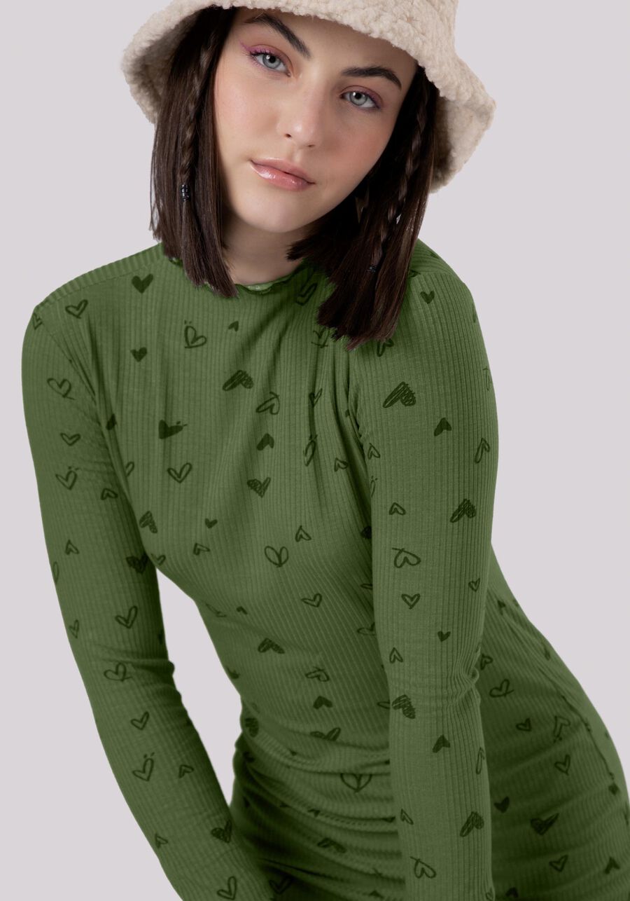 Vestido Curto Juvenil Manga Longa Estampado, HEART BREAKER VERDE. Vestido Curto Juvenil Manga Longa Estampado, HEART BREAKER VERDE, large.