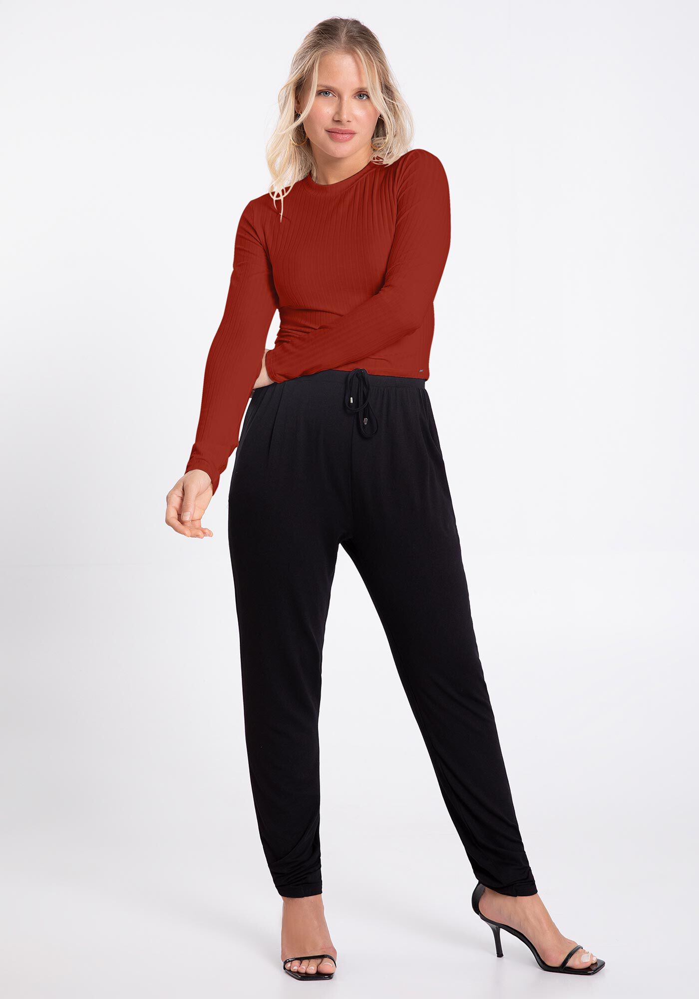 Blusa Manga Longa Canelada B&aacute;sica com Gola, , large.