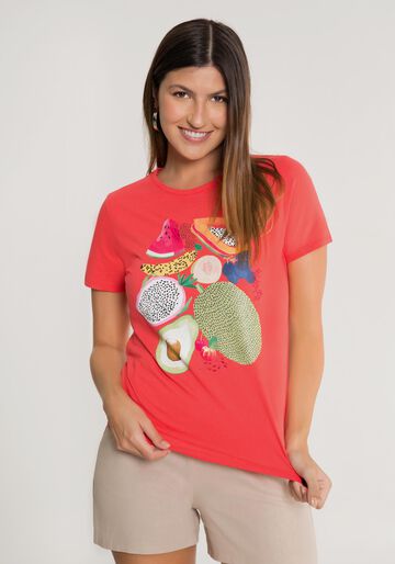 T-shirt Slim em Malha com Estampa Frutas, SALMAO LOBSTER, large.