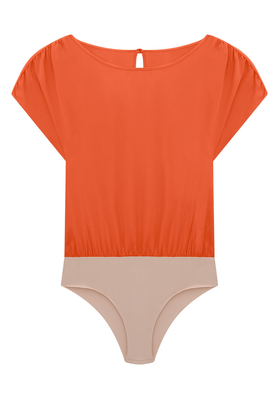 Body em Tecido Plano com Franzido Manga, LARANJA RUSTY. Body em Tecido Plano com Franzido Manga, LARANJA RUSTY, large.