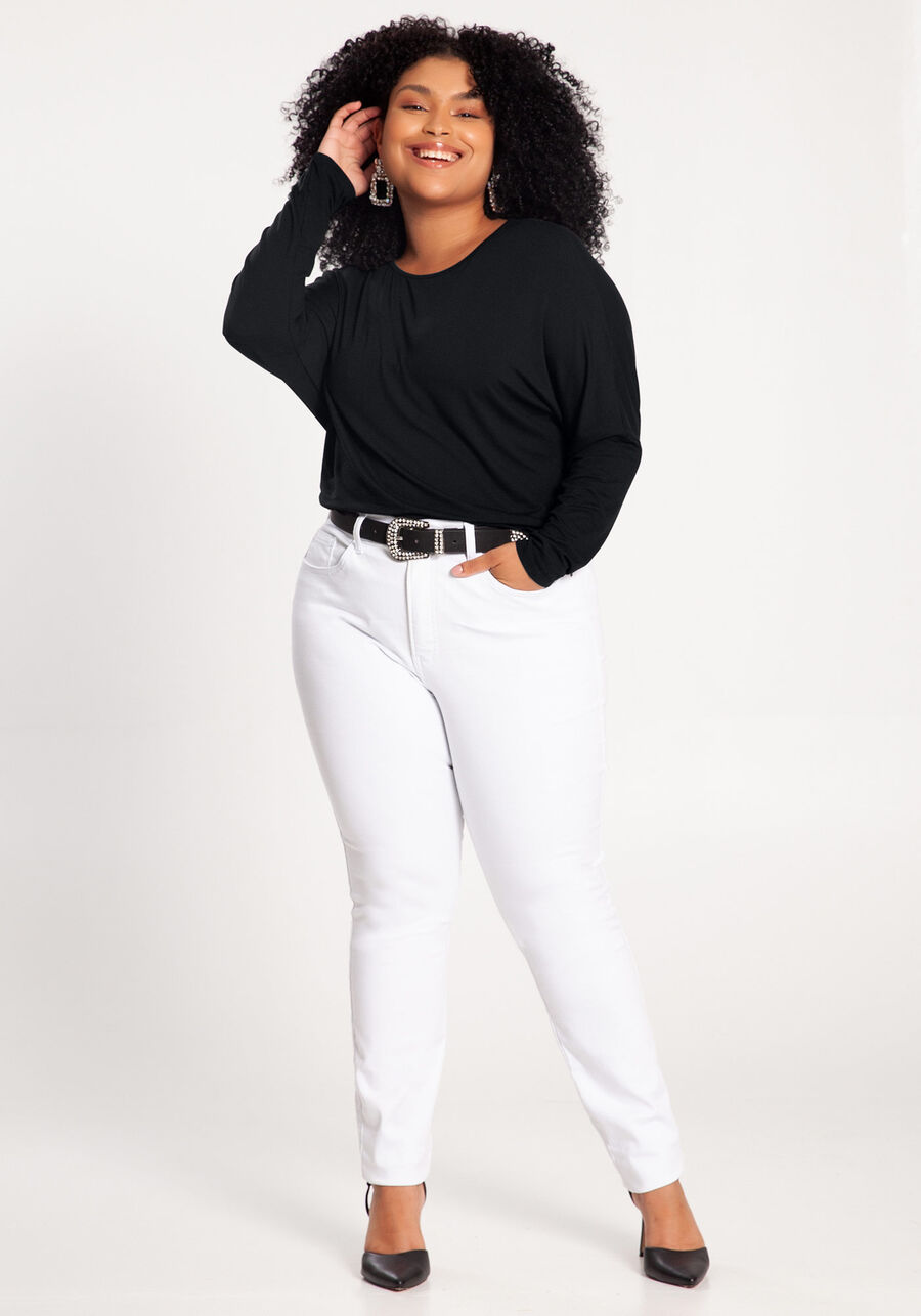 Blusa Plus Size em Viscose com Comprimento Mullet, PRETO REATIVO. Blusa Plus Size em Viscose com Comprimento Mullet, PRETO REATIVO, large.