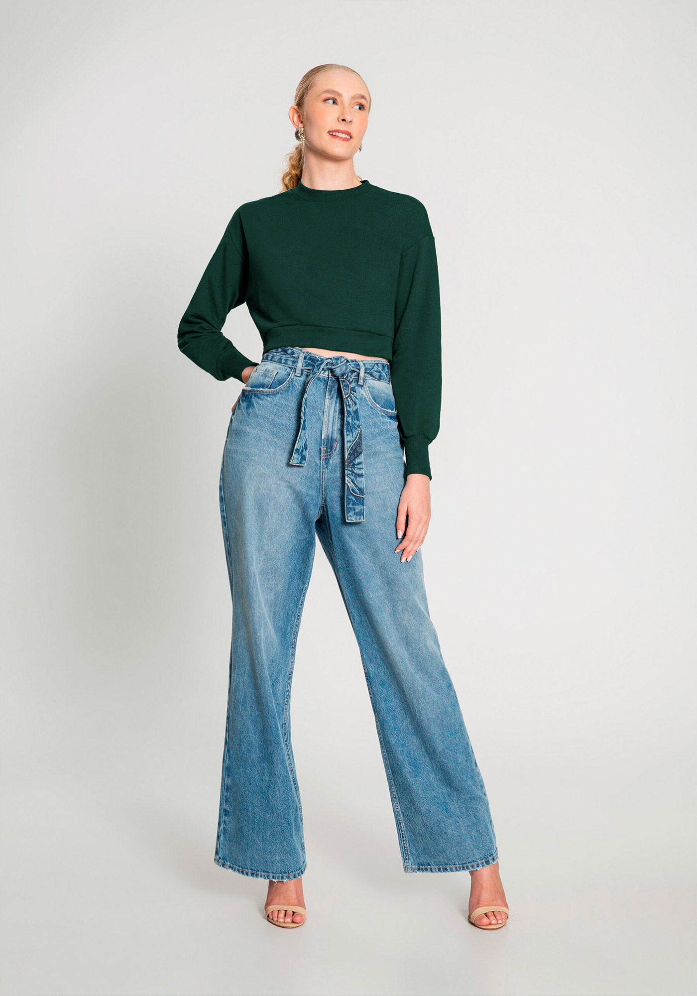 Blus&atilde;o Curto B&aacute;sico Em Moletom Felpado De Algod&atilde;o, VERDE FURIA, large.