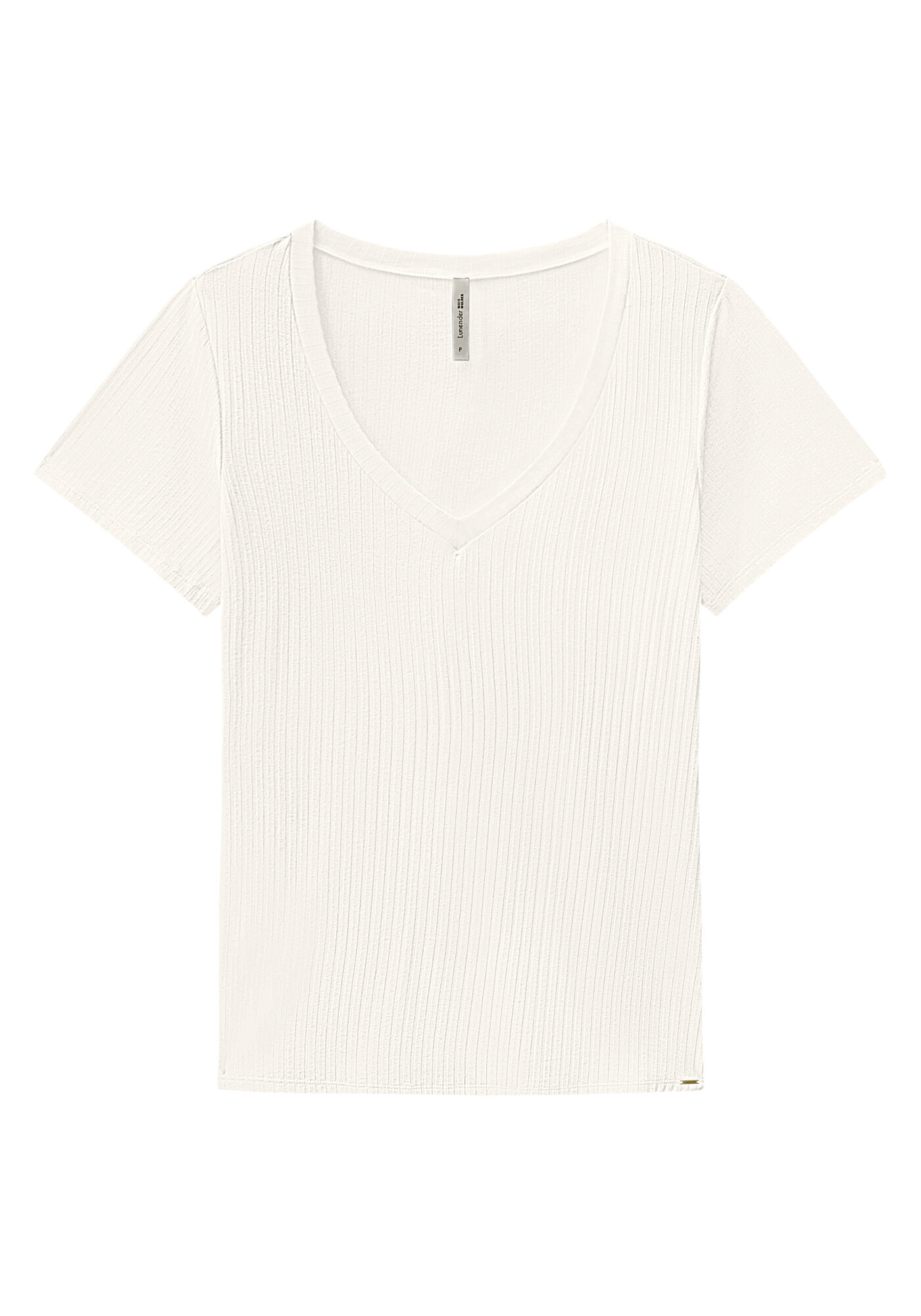 Blusa B&aacute;sica Em Malha Canelada Com Mangas Curtas E Decote V, BRANCO OFF WHITE, large.