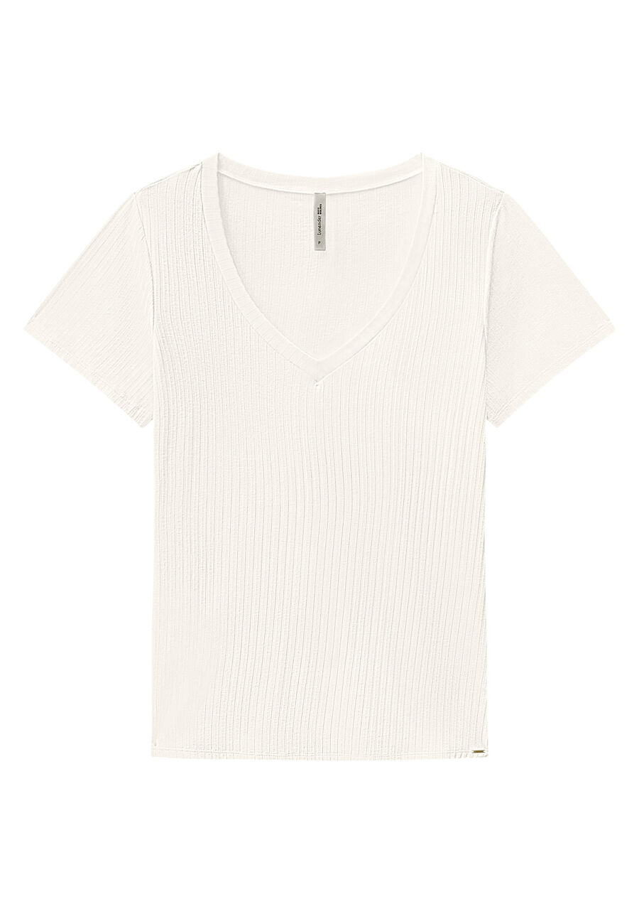 Blusa Básica Em Malha Canelada Com Mangas Curtas E Decote V, BRANCO OFF WHITE. Blusa Básica Em Malha Canelada Com Mangas Curtas E Decote V, BRANCO OFF WHITE, large.