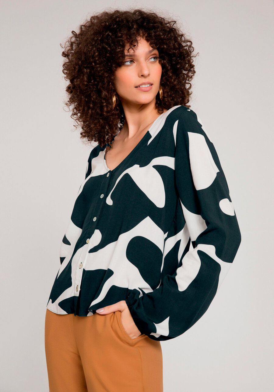 Camisa Estampada em Viscose com Manga Bufante, FLUIDEZ VERDE E. Camisa Estampada em Viscose com Manga Bufante, FLUIDEZ VERDE E, large.