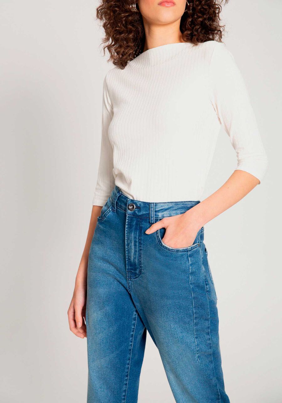 Calça Jeans Mommy com Cintura Alta e Elasticidade, JEANS. Calça Jeans Mommy com Cintura Alta e Elasticidade, JEANS, large.