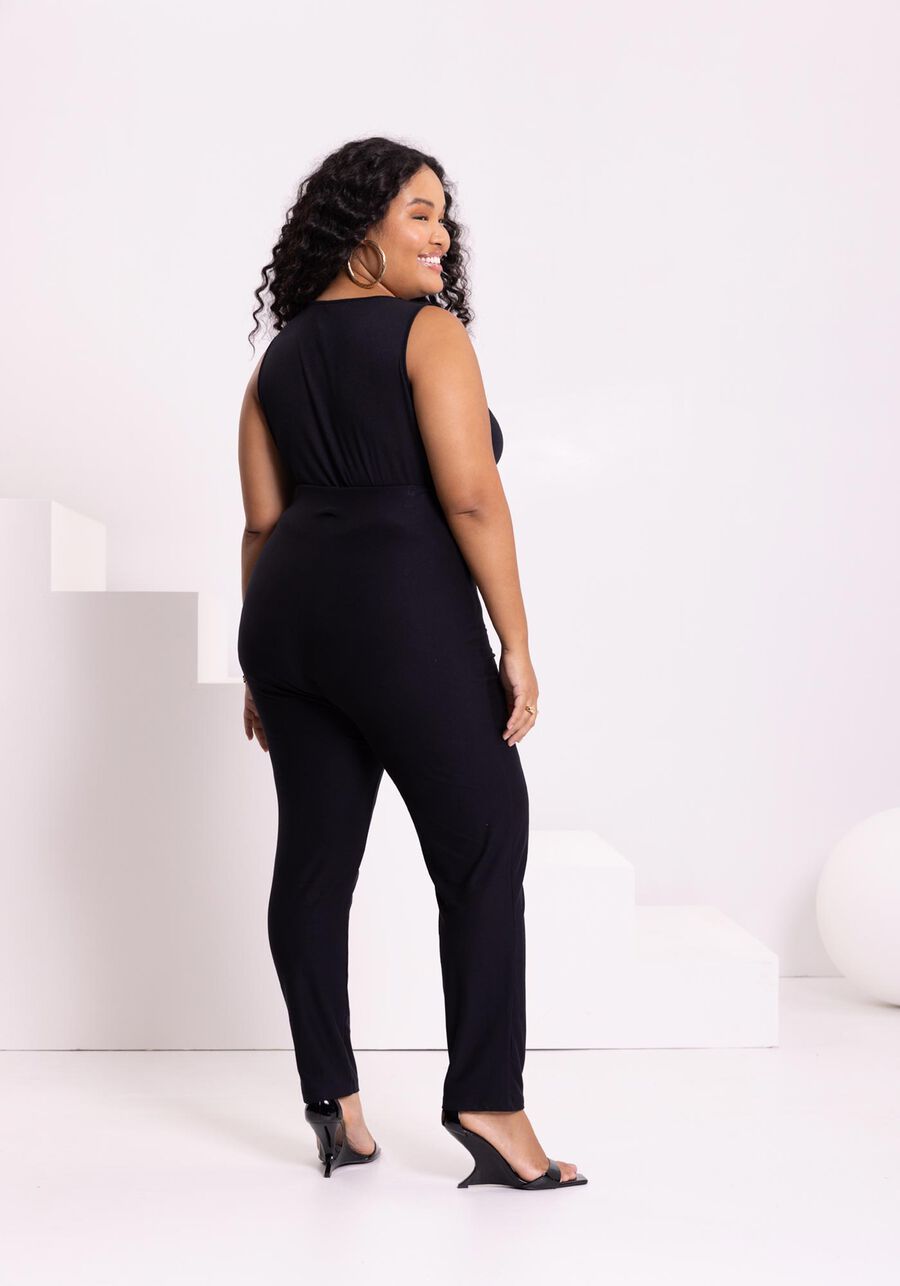 Calça Reta Com Cintura Alta E Nervuras Em Malha Crepe, PRETO. Calça Reta Com Cintura Alta E Nervuras Em Malha Crepe, PRETO, large.