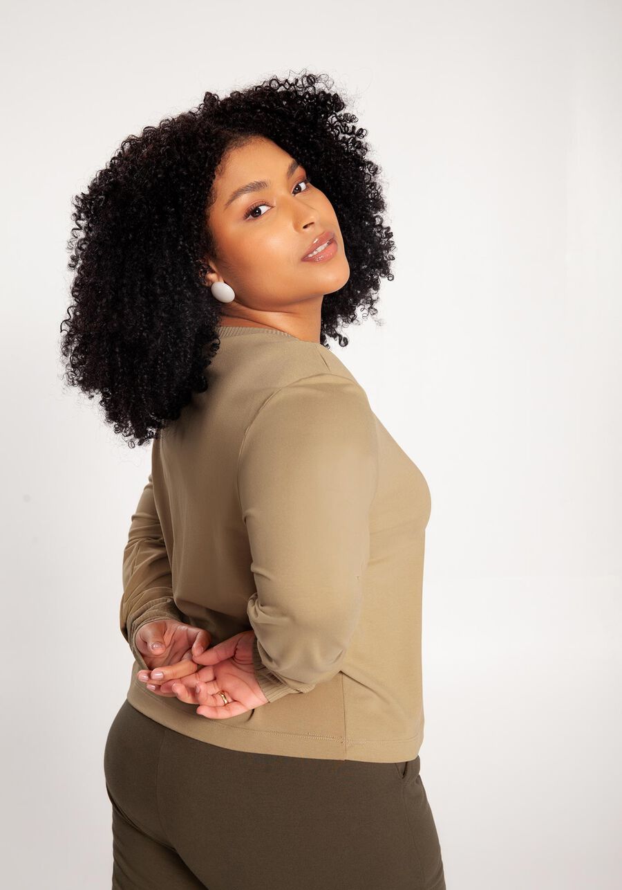 Blusa Plus Size em Moletom com Mangas Longas, BEGE SERGE. Blusa Plus Size em Moletom com Mangas Longas, BEGE SERGE, large.