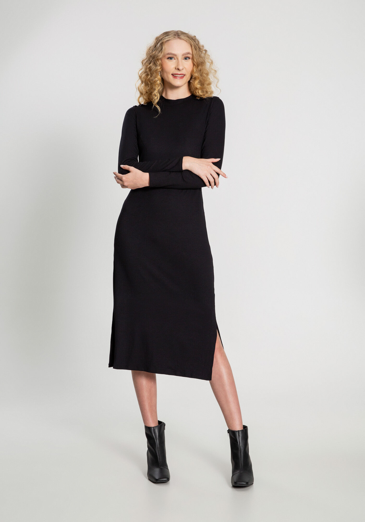 Vestido Midi Manga Longa Canelado com Fenda Lunender