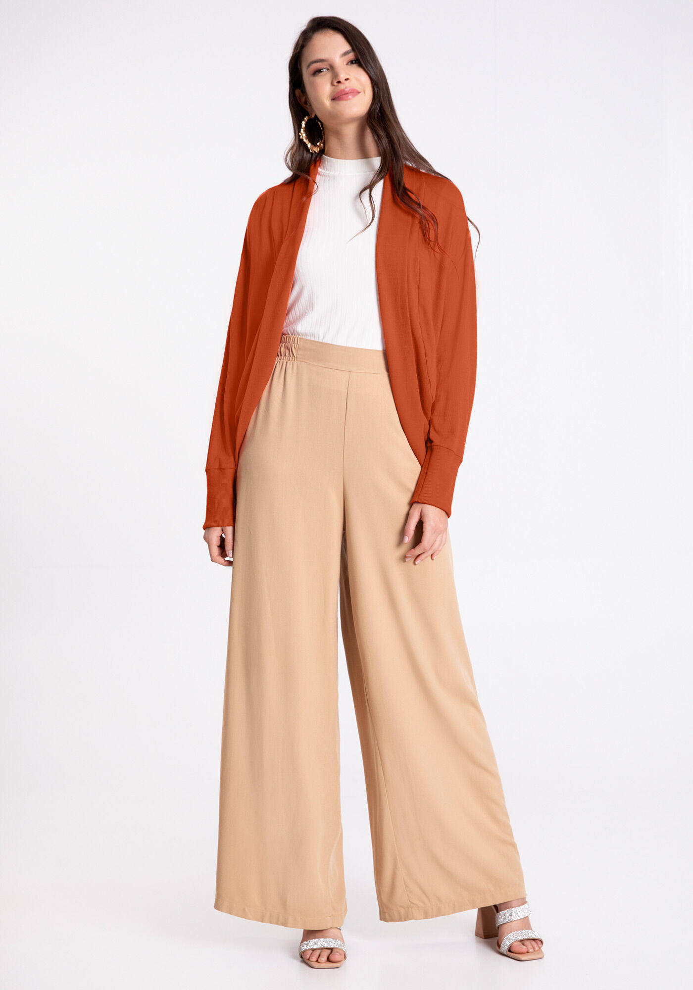 Cardigan Manga Longa em Malha com Detalhe na Gola, LARANJA HAPPILY, large.