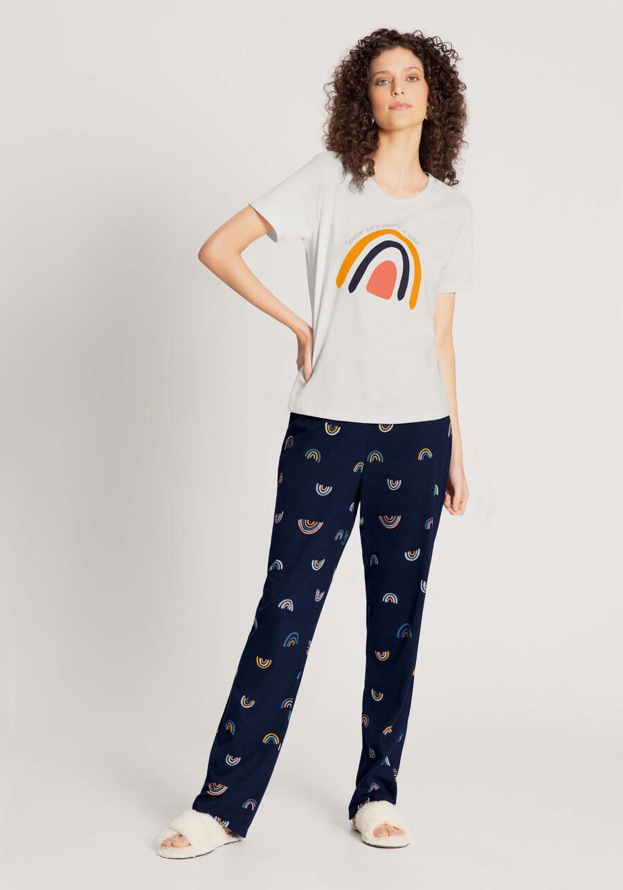 Pijama Blusa e Calça em Malha Estampado, ARCO IRIS MARINHO. Pijama Blusa e Calça em Malha Estampado, ARCO IRIS MARINHO, large.