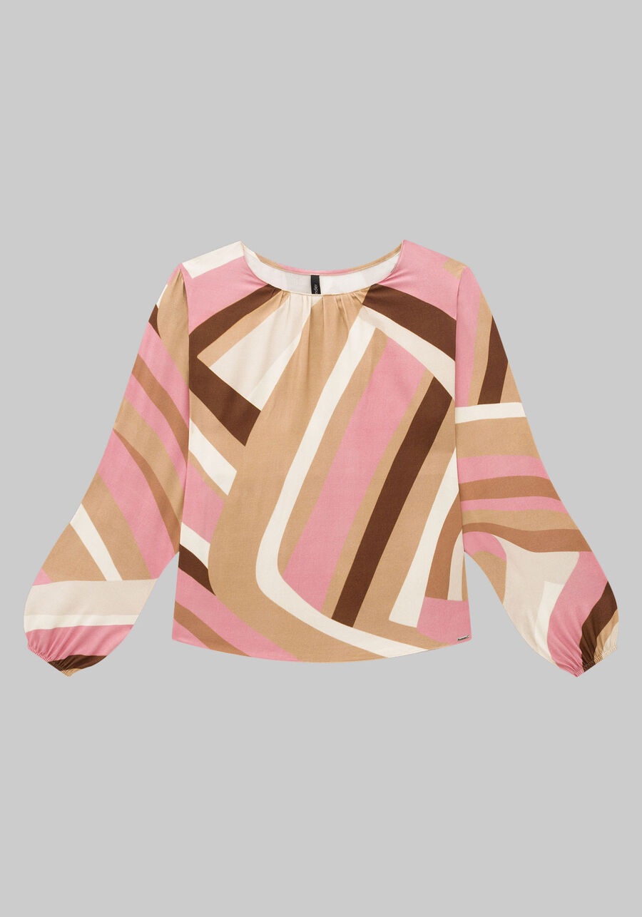 Blusa Manga Longa Bufante em Viscose Estampada, PARALELOS ROSA. Blusa Manga Longa Bufante em Viscose Estampada, PARALELOS ROSA, large.
