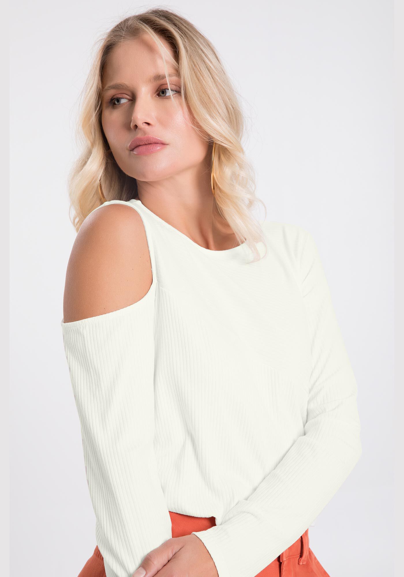 Blusa Manga Longa Canelada com Recorte Ombro Lunender