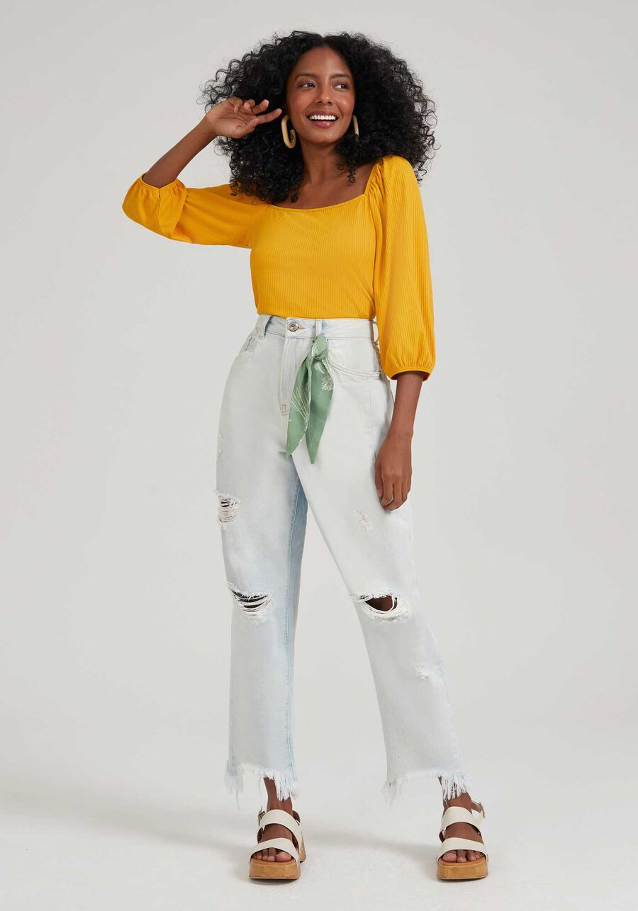 Calça Jeans Mommy Cropped com Rasgados e Lenço, . Calça Jeans Mommy Cropped com Rasgados e Lenço, , large.