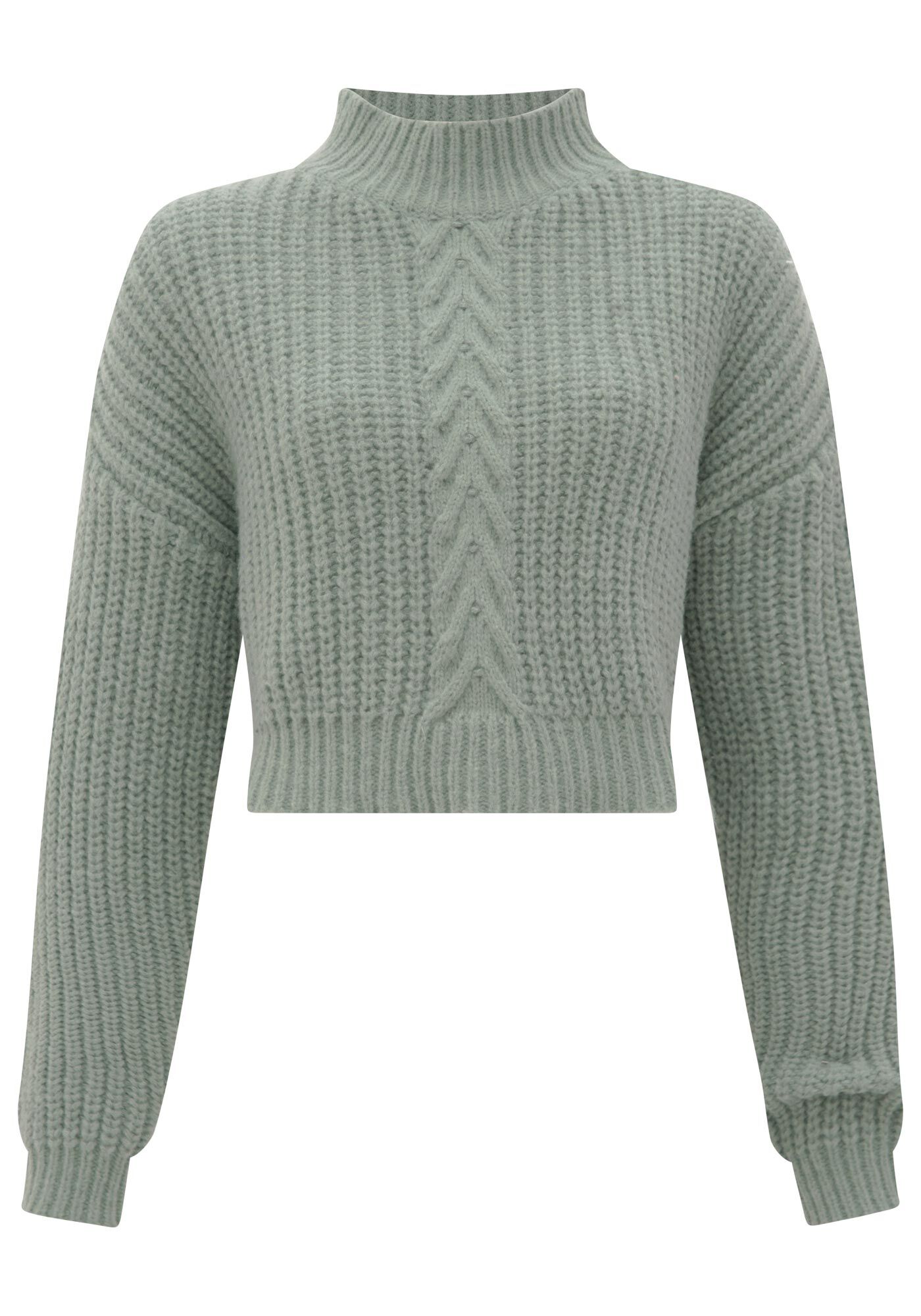 Blus&atilde;o Curto De Tric&ocirc; Com Gola Alta E Mangas Longas, VERDE, large.