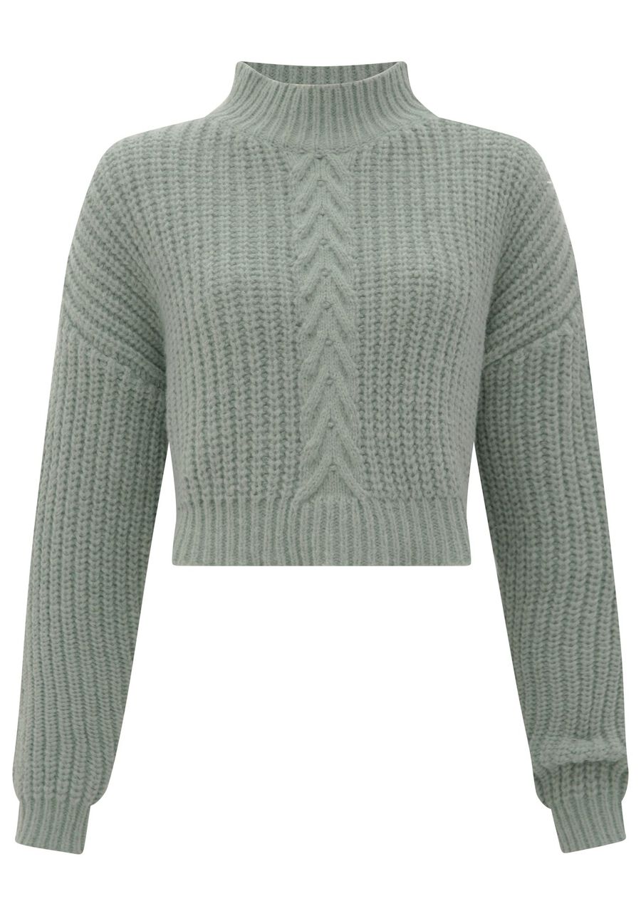 Blusão Curto De Tricô Com Gola Alta E Mangas Longas, VERDE. Blusão Curto De Tricô Com Gola Alta E Mangas Longas, VERDE, large.