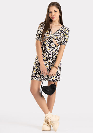 Vestido Curto Juvenil em Malha Crepe com Abertura Cintura, FLOWER POWER PRETO. Vestido Curto Juvenil em Malha Crepe com Abertura Cintura, FLOWER POWER PRETO, large.