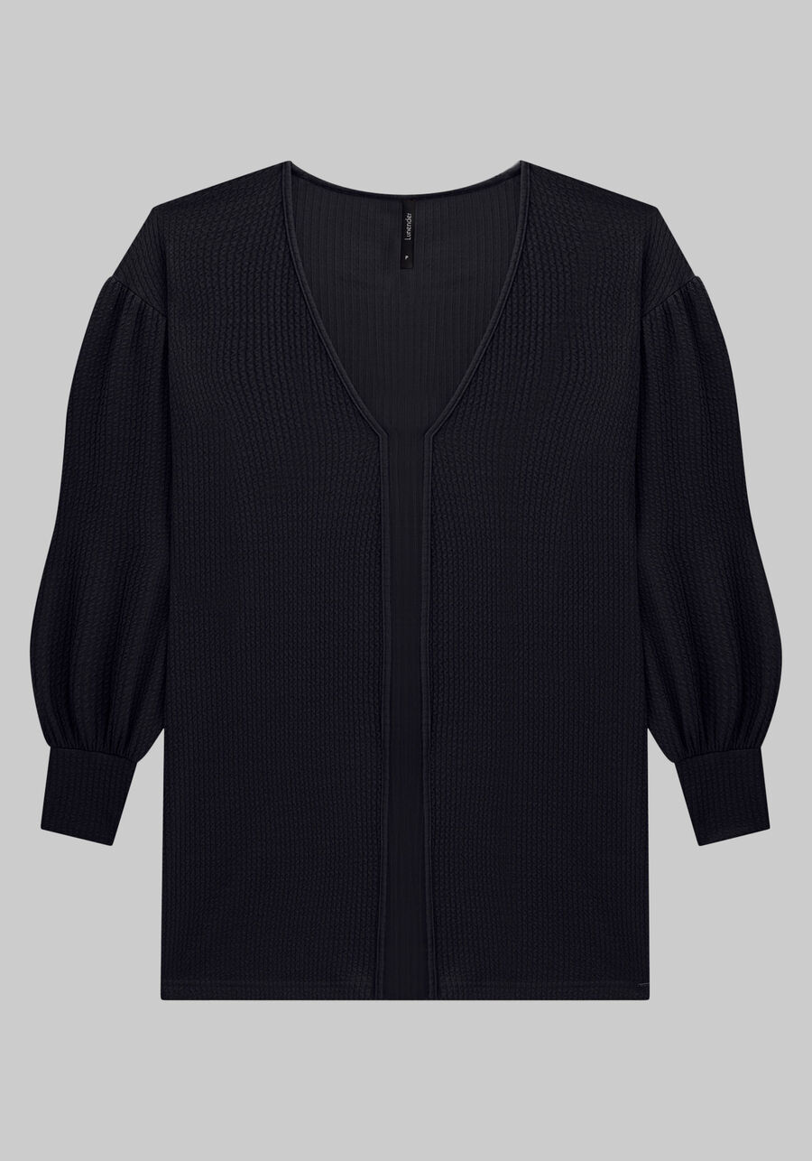 Cardigan Alongado Texturizado com Manga Bufante, PRETO REATIVO. Cardigan Alongado Texturizado com Manga Bufante, PRETO REATIVO, large.