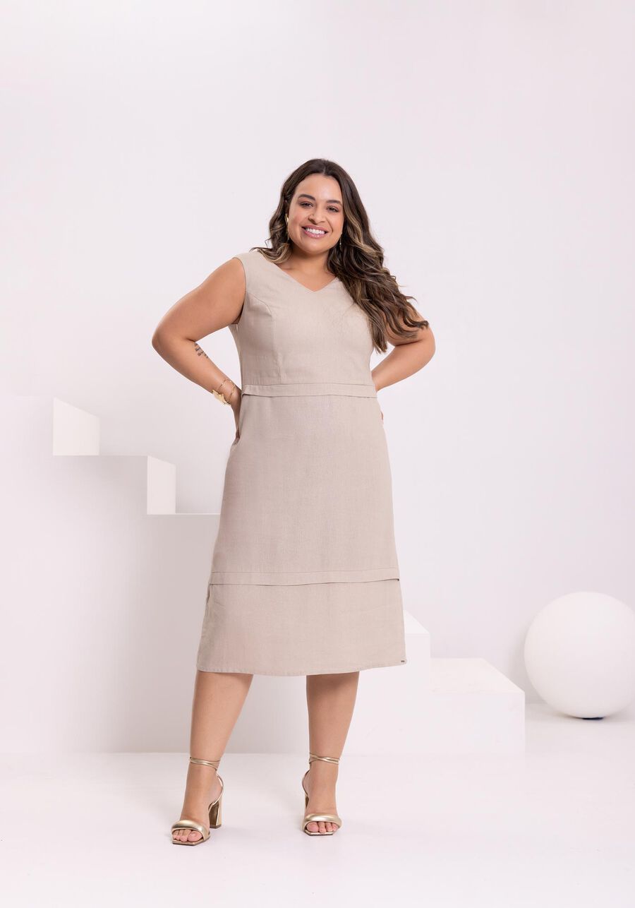 Vestido Midi Chá Com Alças Largas E Decote Em V Tecido Linho, . Vestido Midi Chá Com Alças Largas E Decote Em V Tecido Linho, , large.
