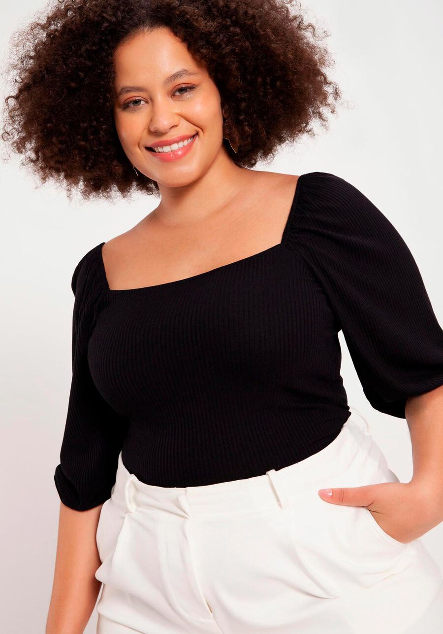 Blusa Plus Size Canelada com Manga Bufante, PRETO REATIVO. Blusa Plus Size Canelada com Manga Bufante, PRETO REATIVO, large.