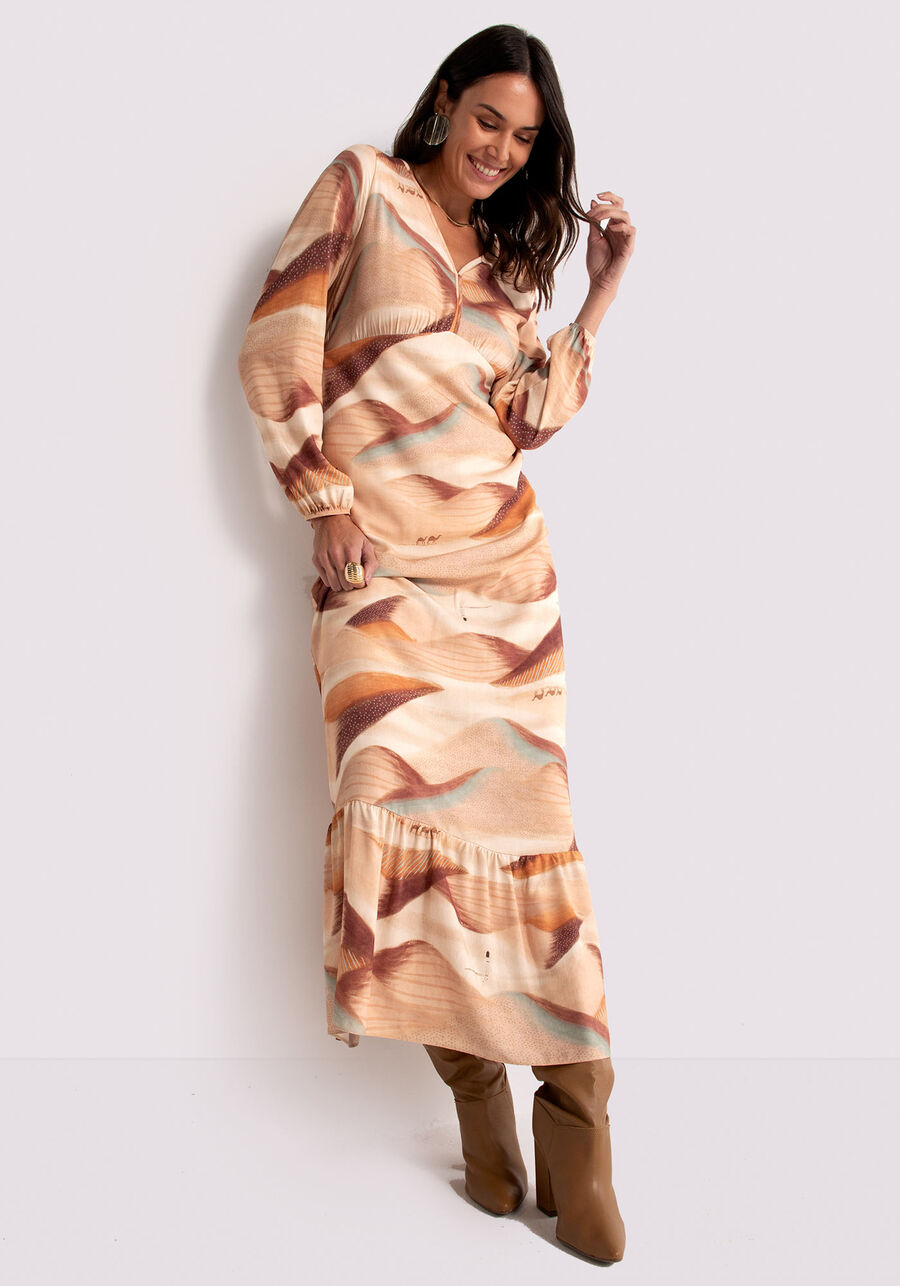 Vestido Longo Estampado em Viscose com Manga Longa, . Vestido Longo Estampado em Viscose com Manga Longa, , large.