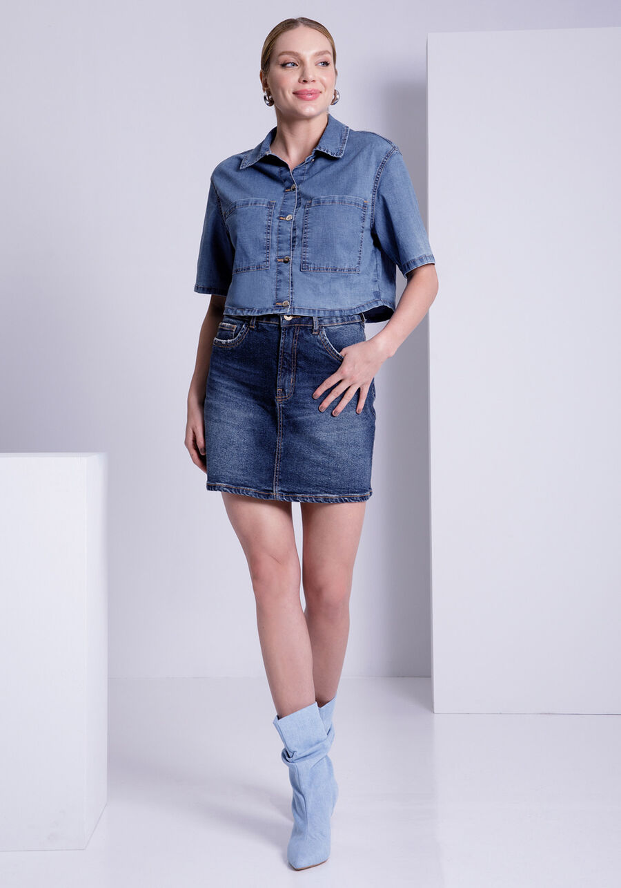 Camisa Jeans Cropped Manga Curta com Bolsos, . Camisa Jeans Cropped Manga Curta com Bolsos, , large.