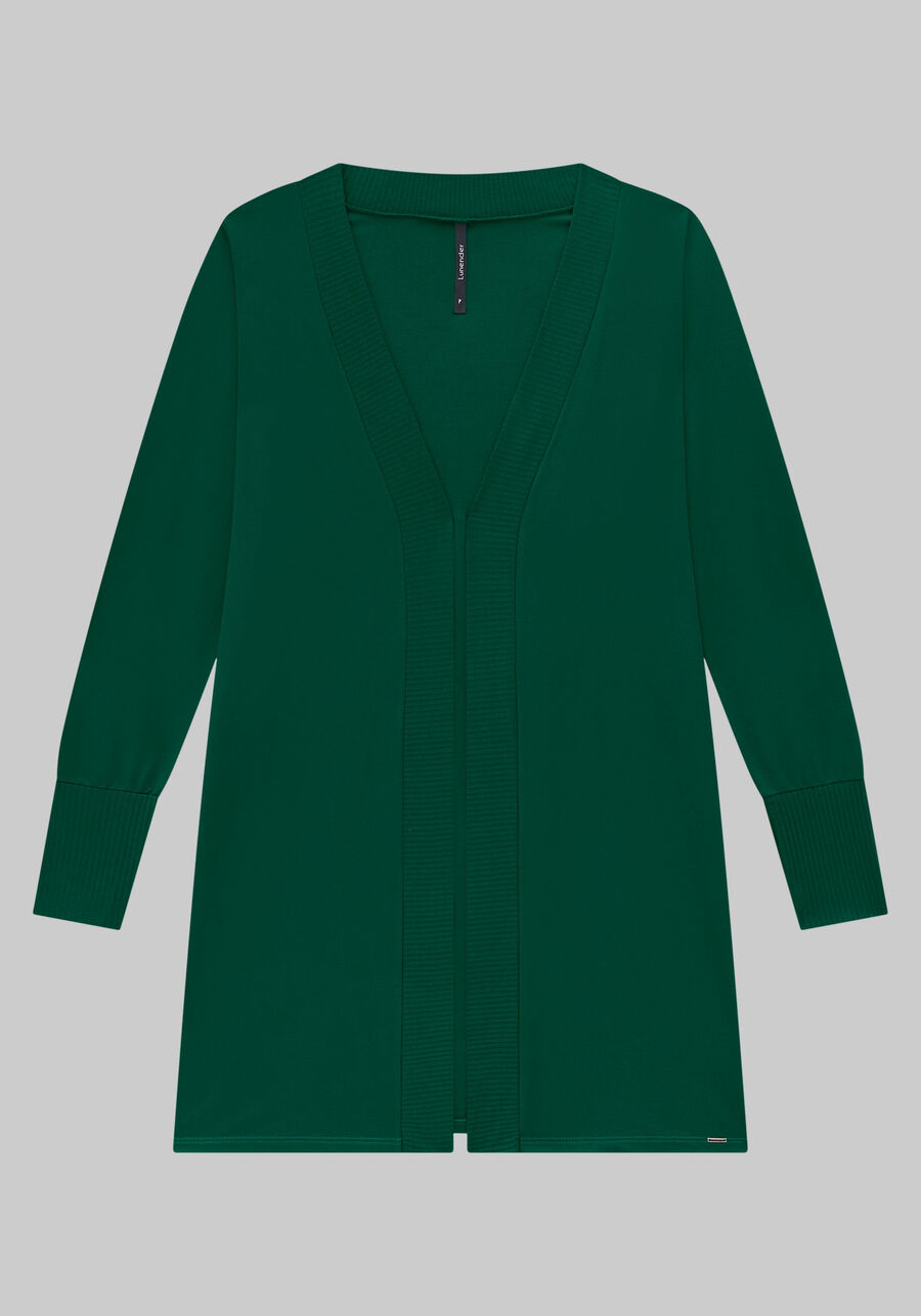 Cardigan Alongado em Moletom com Recorte Canelado, VERDE ARABESQUE. Cardigan Alongado em Moletom com Recorte Canelado, VERDE ARABESQUE, large.