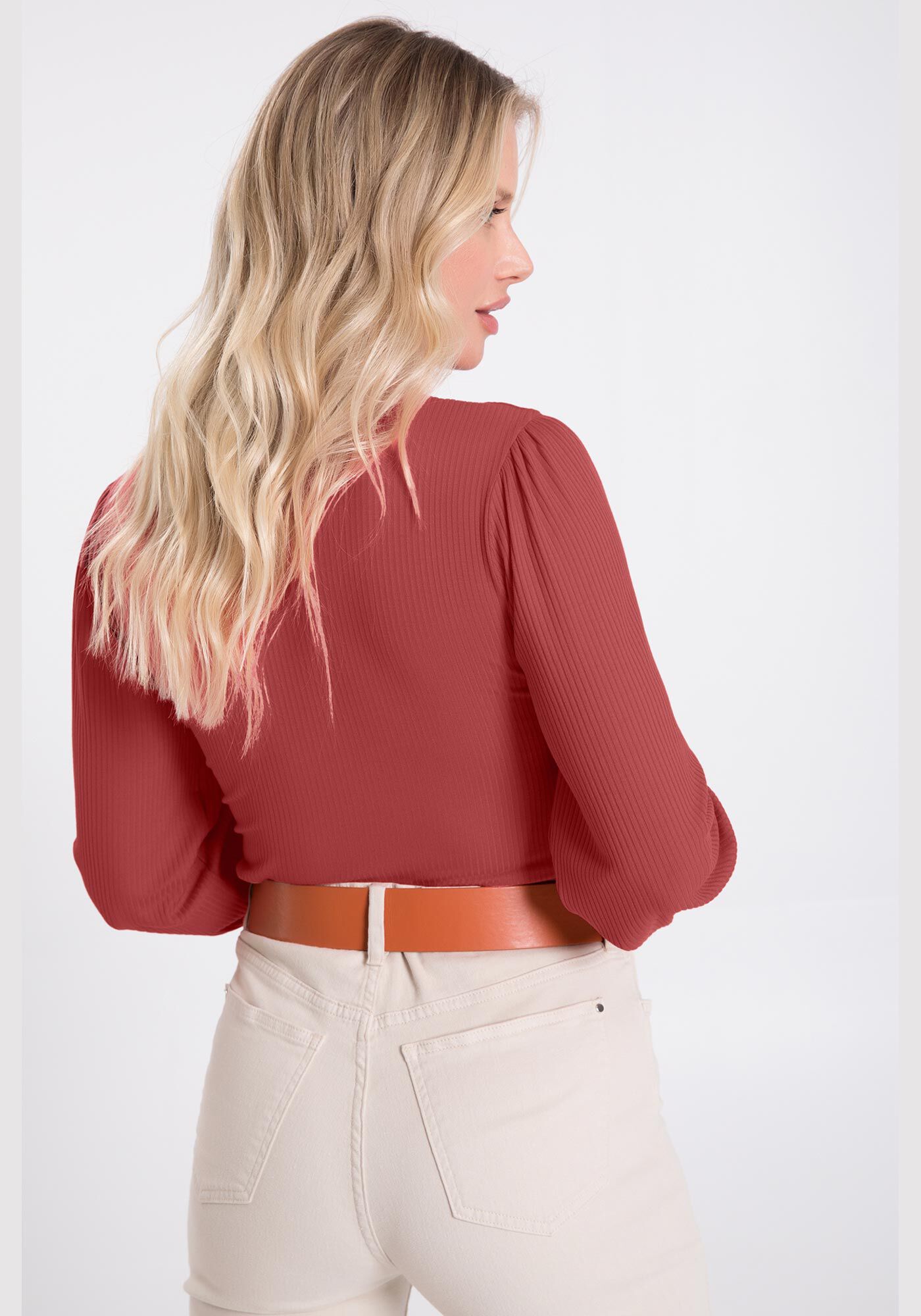 Blusa Manga Bufante Canelada com Franzido, VERMELHO CEDRO-ROSA, large.