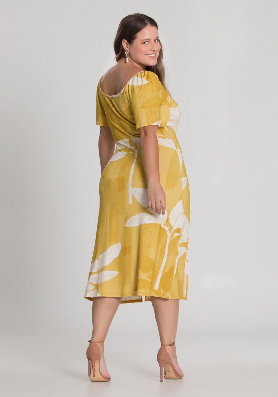 Vestido Midi Estampado Plus Size, AMARELO SOLE. Vestido Midi Estampado Plus Size, AMARELO SOLE, large.