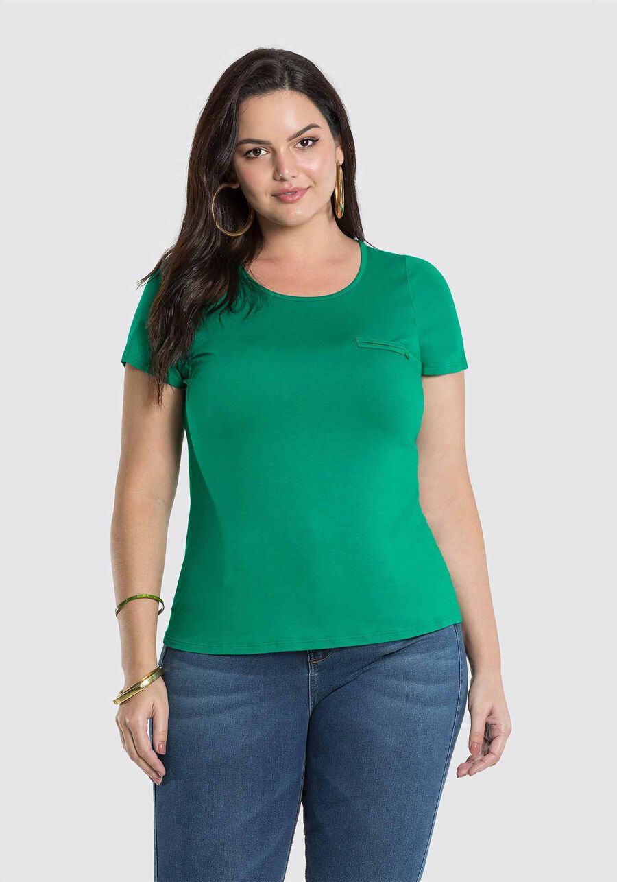 Blusa Básica Plus Size em Malha com Lapela, , large.