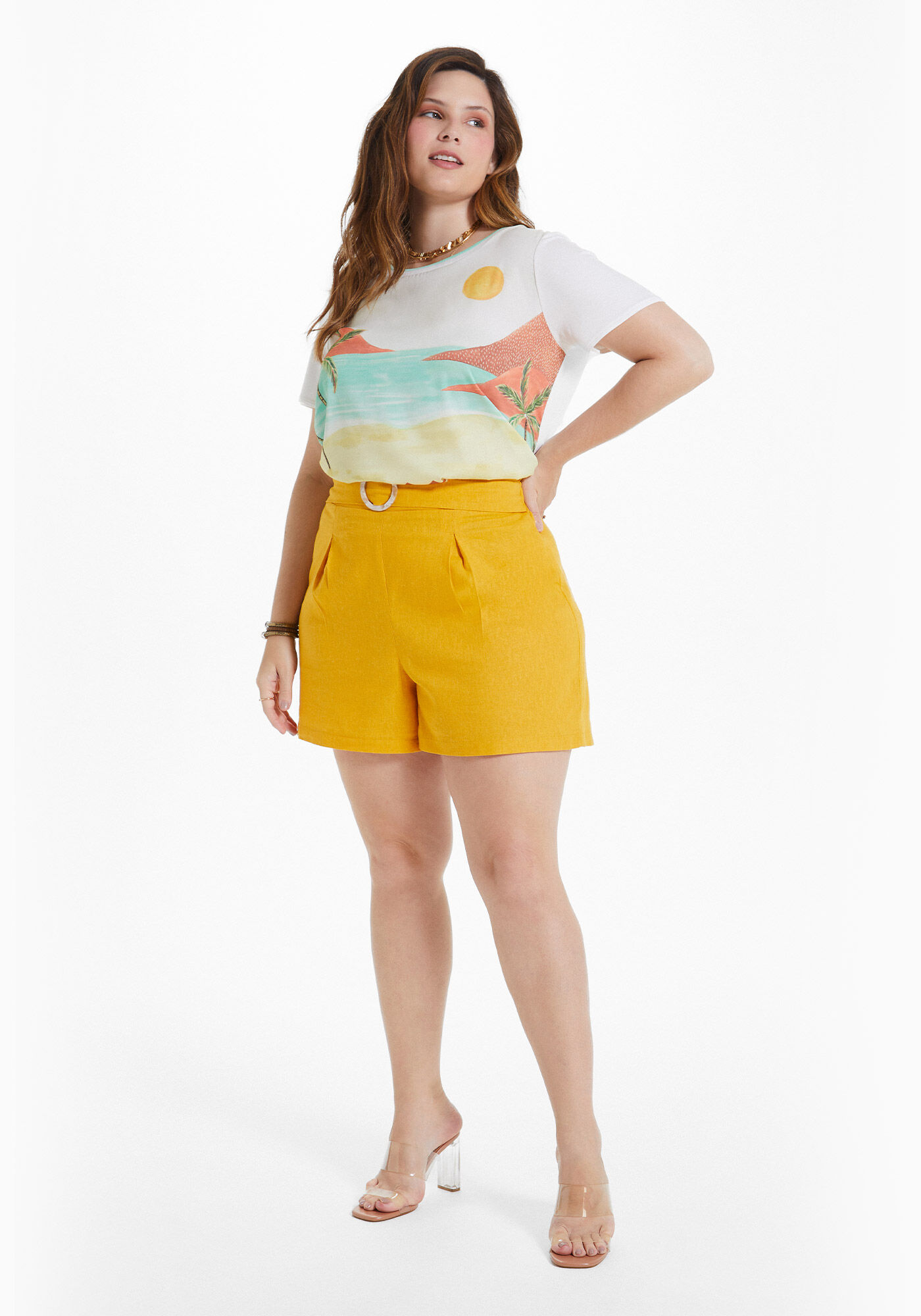 Shorts Plus Size em Linho com El&aacute;stico e Cinto, AMARELO GAMUZA, large.