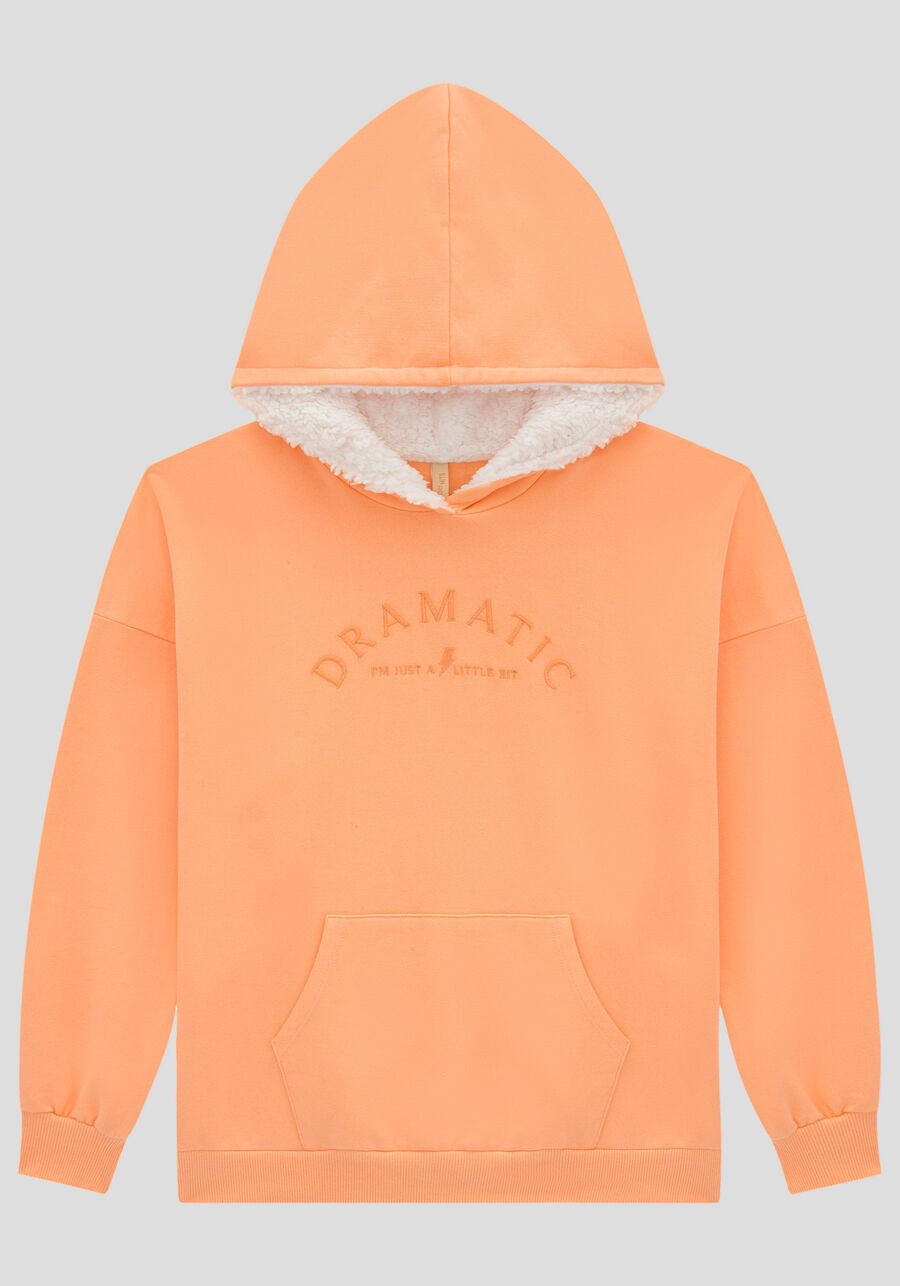 Blusão Juvenil em Moletom com Capuz Pelo, LARANJA BRIGHT. Blusão Juvenil em Moletom com Capuz Pelo, LARANJA BRIGHT, large.