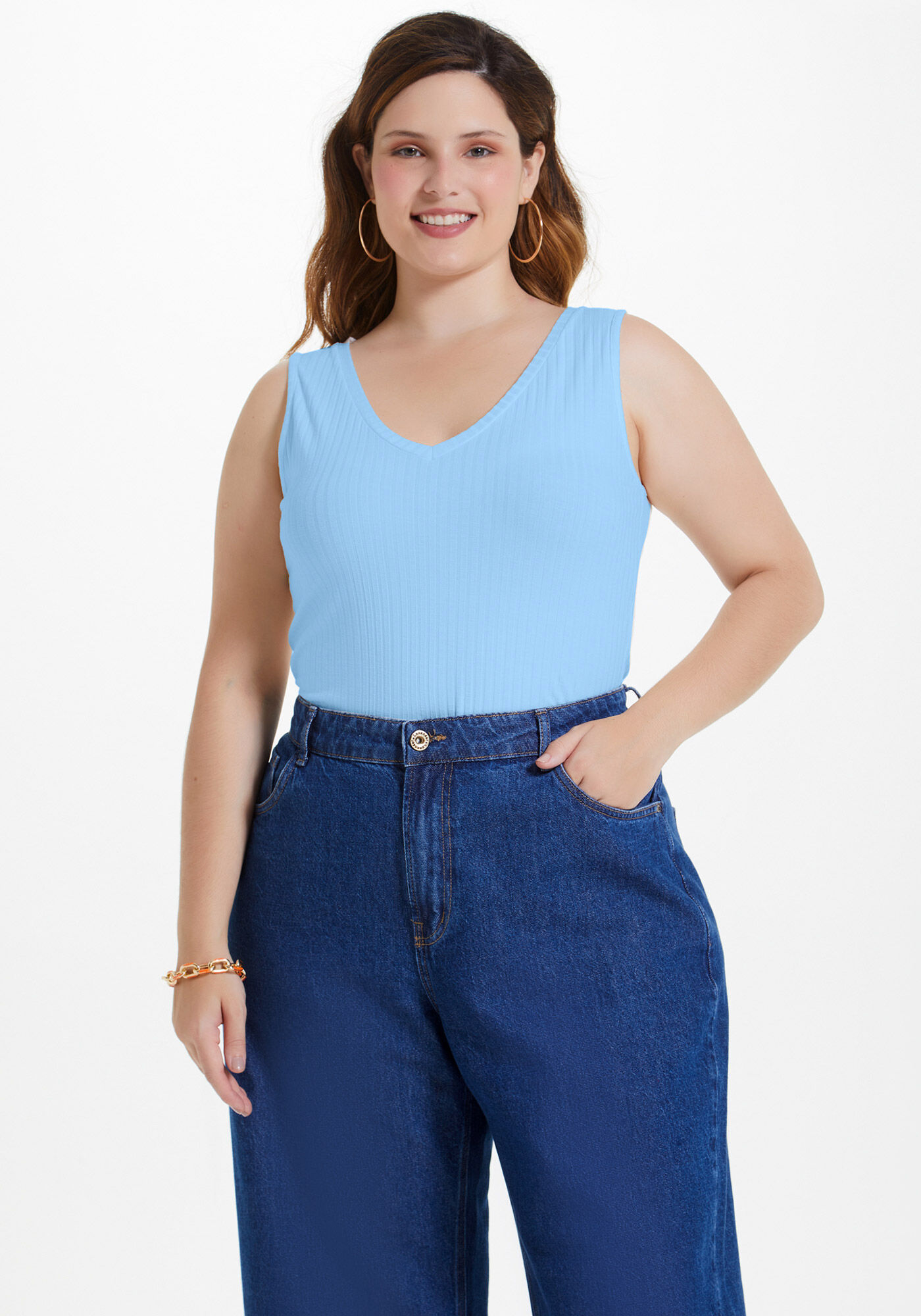 Blusa Regata Canelada De Al&ccedil;as Largas Em Malha De Viscose, , large.