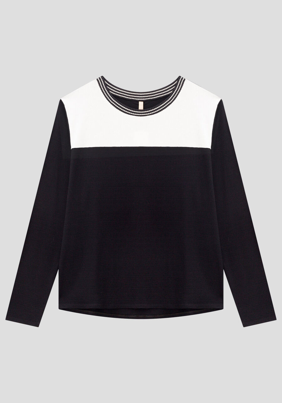 Blusa Plus Size Mullet em Malha com Recorte, PRETO REATIVO. Blusa Plus Size Mullet em Malha com Recorte, PRETO REATIVO, large.