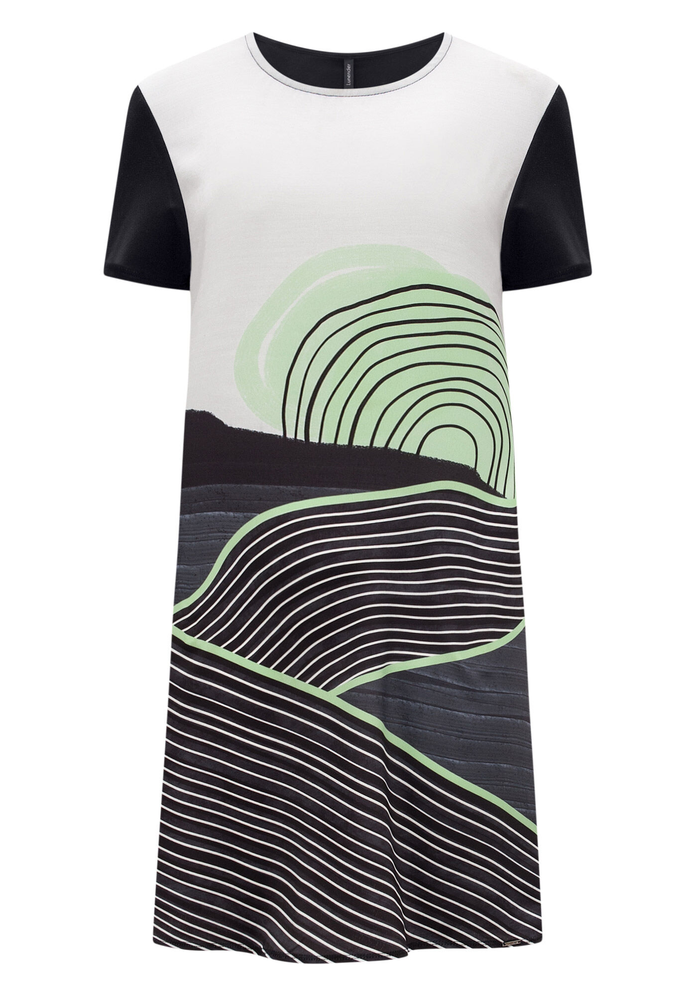 Vestido De Mangas Curtas Estampado Com Decote Redondo, PRETO REATIVO, large.