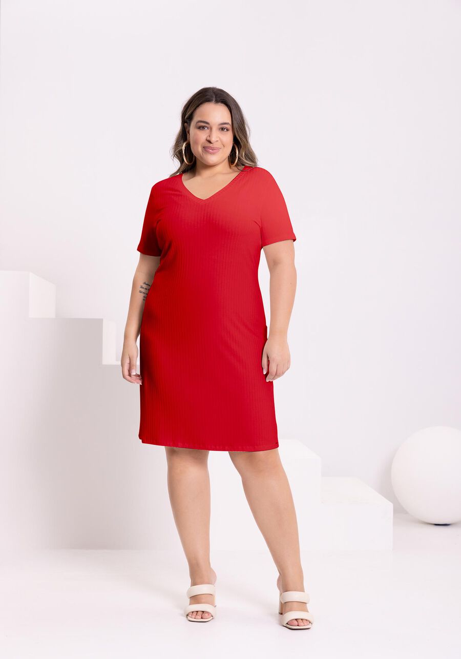 Vestido Curto Em Malha Canelada Com Decote Em V, VERMELHO NATTY. Vestido Curto Em Malha Canelada Com Decote Em V, VERMELHO NATTY, large.