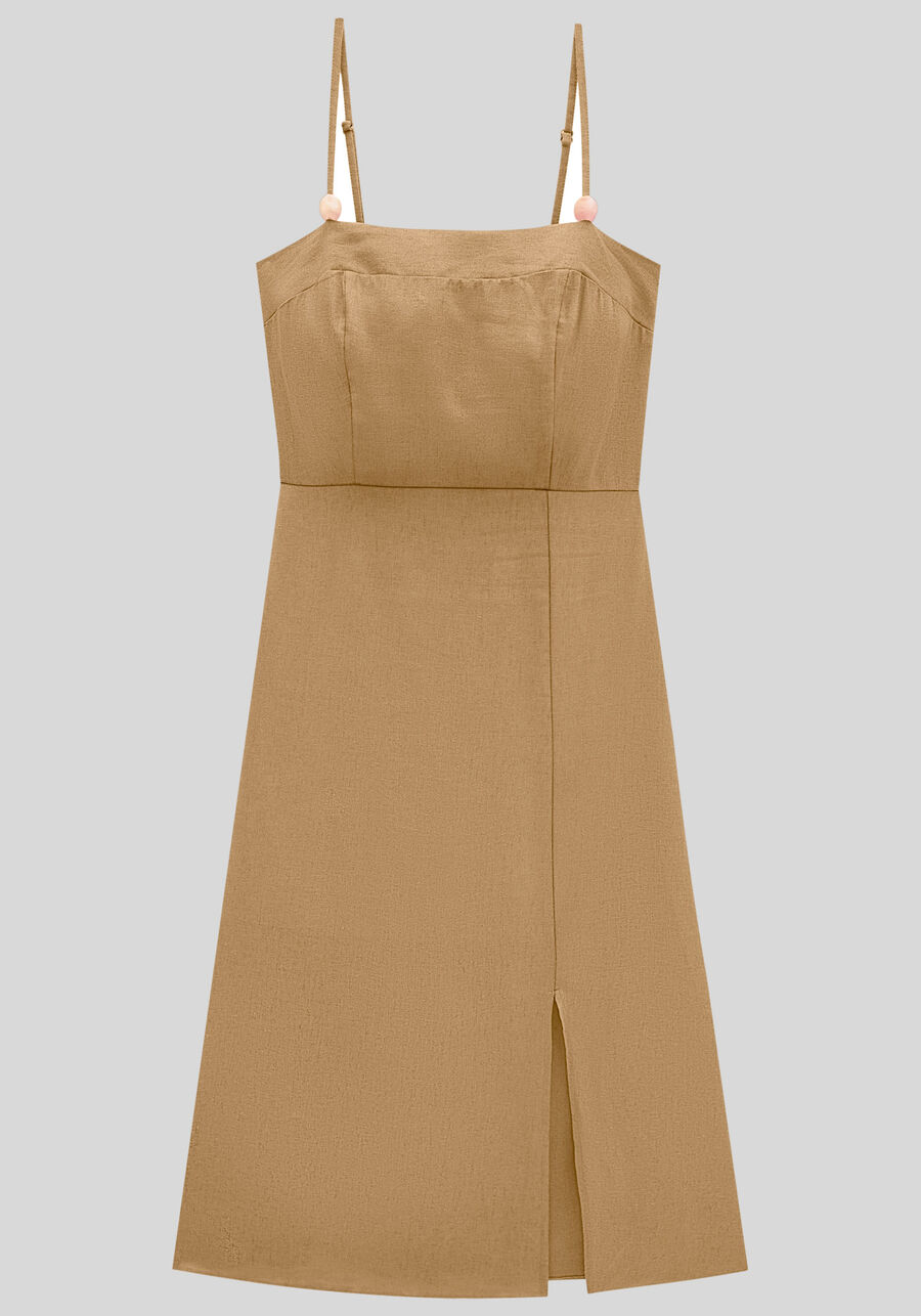 Vestido Midi em Linho com Fenda e Lastex, BEGE GEORGIA. Vestido Midi em Linho com Fenda e Lastex, BEGE GEORGIA, large.