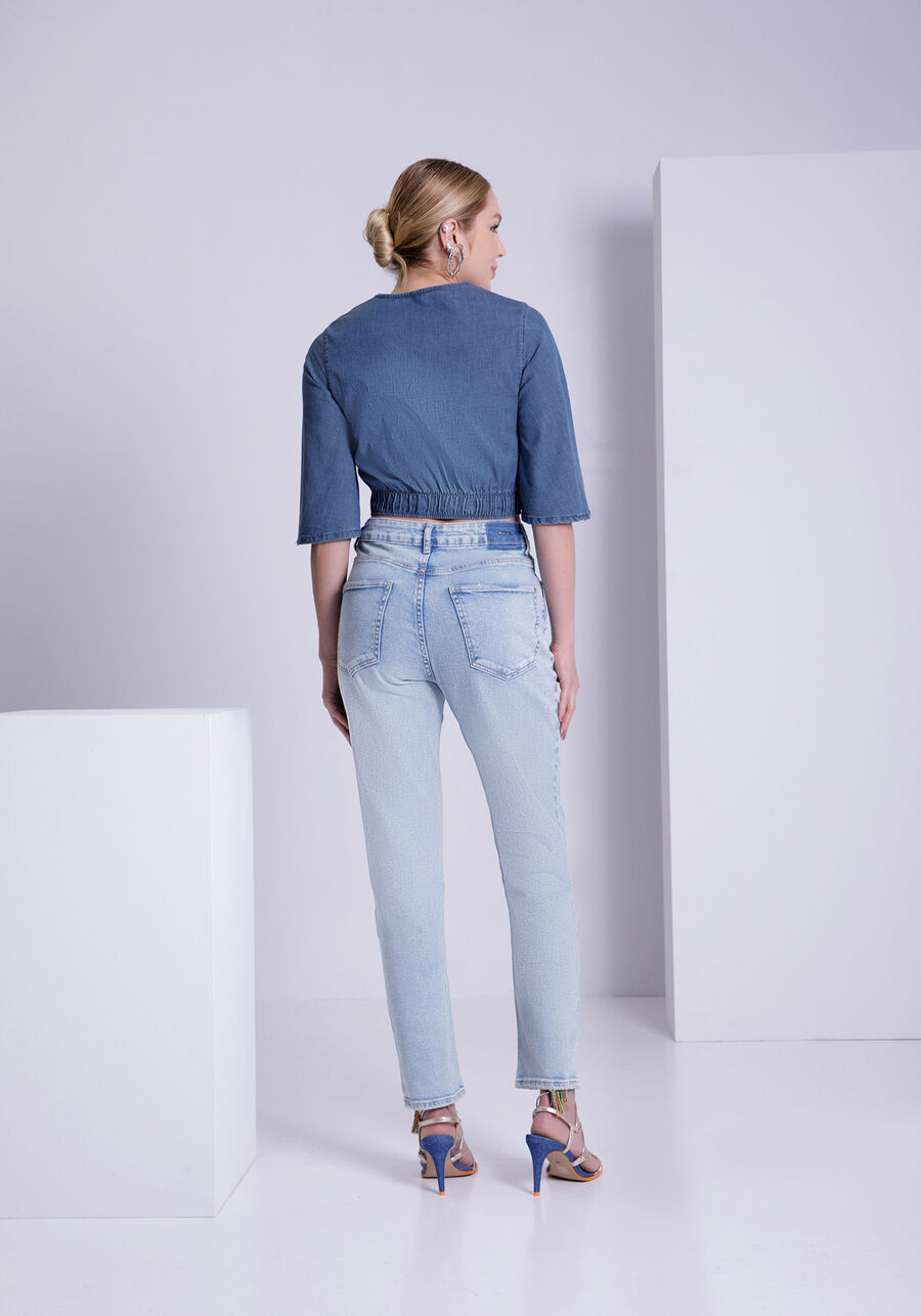 Blusa Jeans Cropped com Manga Flare, JEANS. Blusa Jeans Cropped com Manga Flare, JEANS, large.