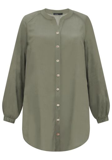 Camisa Alongada De Mangas Longas Com Gola Padre, VERDE EUCALIPTO. Camisa Alongada De Mangas Longas Com Gola Padre, VERDE EUCALIPTO, large.